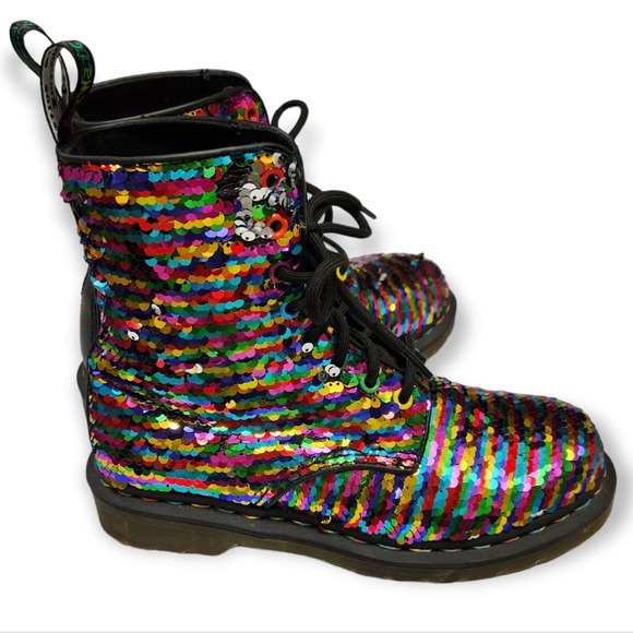 Dr Doc Martens Pascal Boots Sequin Rainbow / Silver Moto Size 5 UK / 7 Women's - Picture 4 of 12